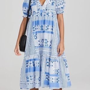 English Factory Geometric Print Tiered Midi Dress Blue White Small New No Tags